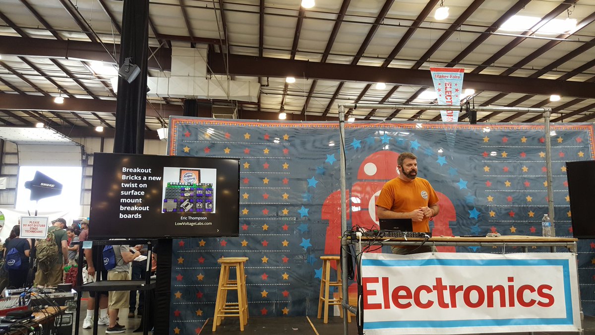 FriedCircuits's tweet photo. @LowVoltageLabs owning the #MakerFaire electronics stage with his Breakout Bricks #groupies https://t.co/DU9MSwtfuT