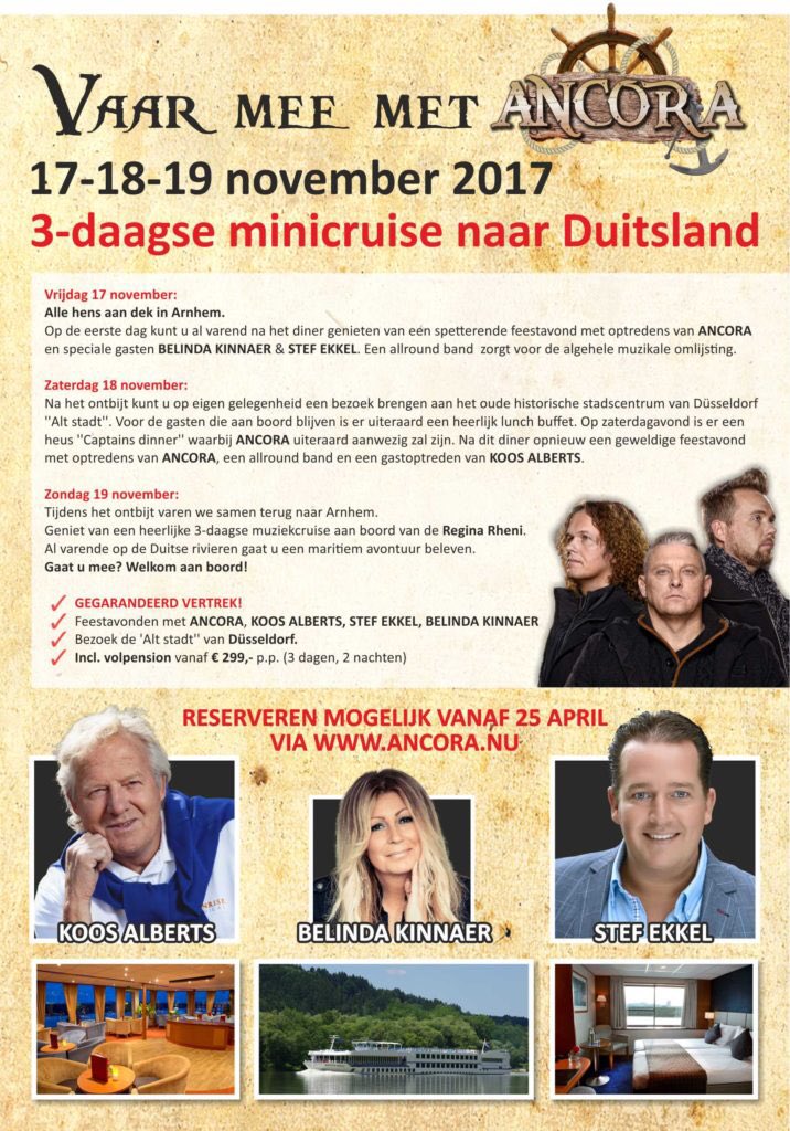 "Vaar mee met Ancora"  3 dagen feest op ons schip!
Samen met <a href="/belindakinnaer/">Belinda Kinnaer</a> <a href="/stefekkelkampen/">Stef Ekkel</a> en <a href="/koosalberts/">koos alberts</a> 
Info: ancora.nu/product-catego…