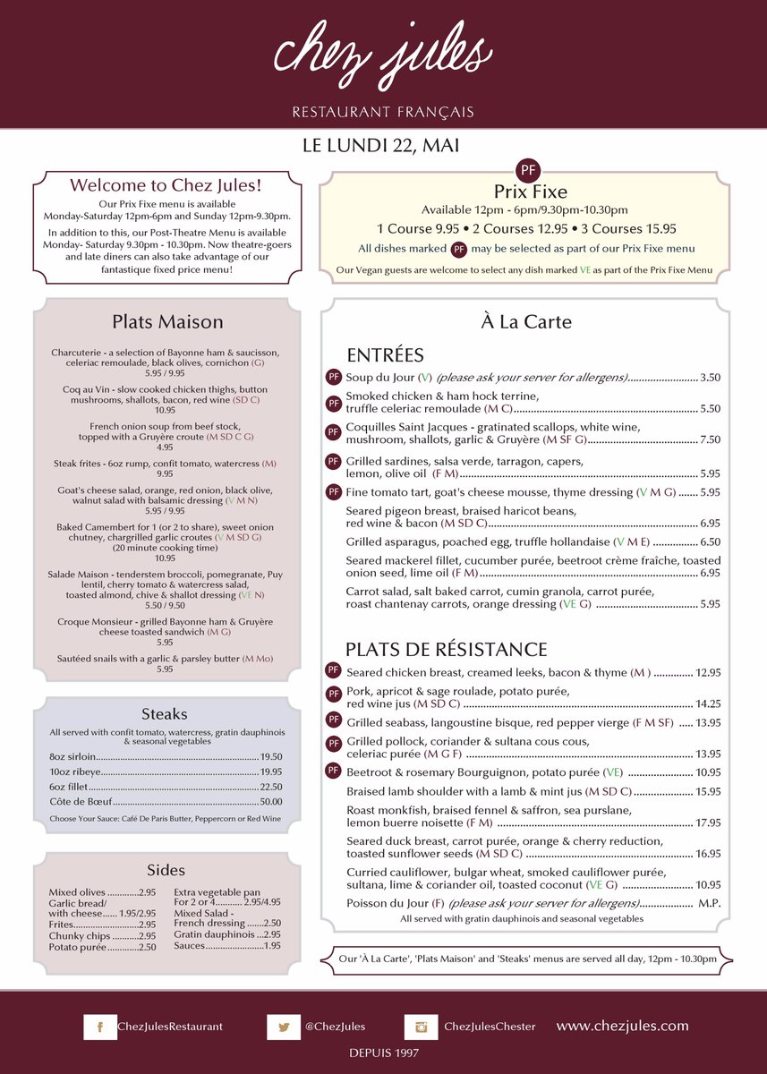 ChezJules's tweet photo. Menu du Jour 12-10.30pm #monday #lundi #french #fresh #dailychanging #chester #chestertweets #chesterbuzz https://t.co/xoaqswjM17