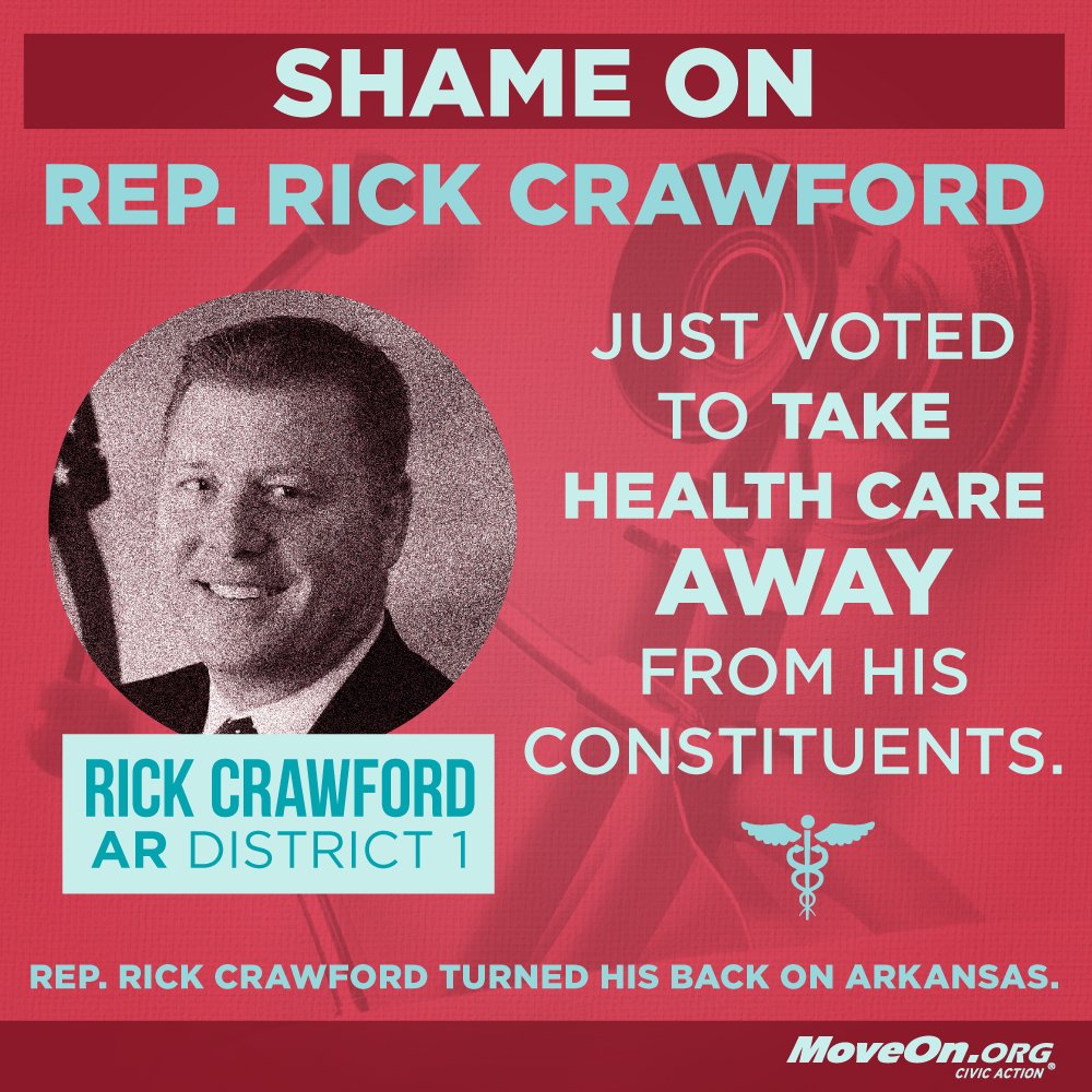 MoveOn's tweet photo. Help defeat #Trumpcare supporter #AR's @RepRickCrawford in 2018. #PaybackRecess is here: https://t.co/7fHloCnBTq https://t.co/8Eagnr6dr7