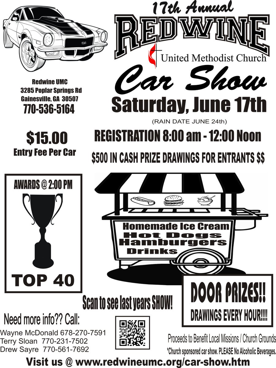 RedwineUMC's tweet photo. 17th Annual @RedwineUMC Car Show Saturday, June 17th 8am - Noon | See flyer for details.  Put in your calendar.  We'd love to have you! https://t.co/VuNd542vO8