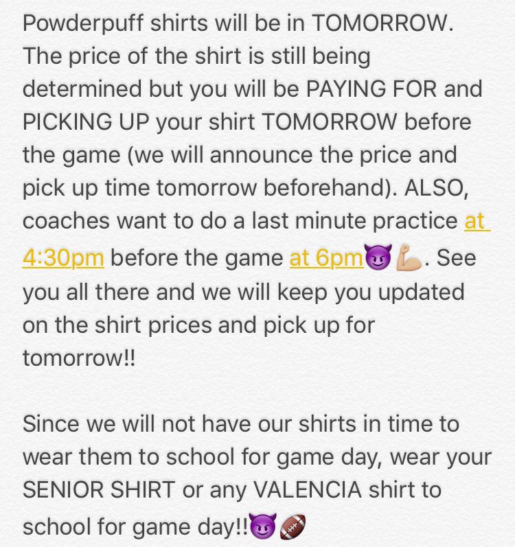 💜SENIOR GIRLS💜: POWDERPUFF SHIRTS AND GAME DAY INFO FOR TOMORROW😈💪🏼🏈
