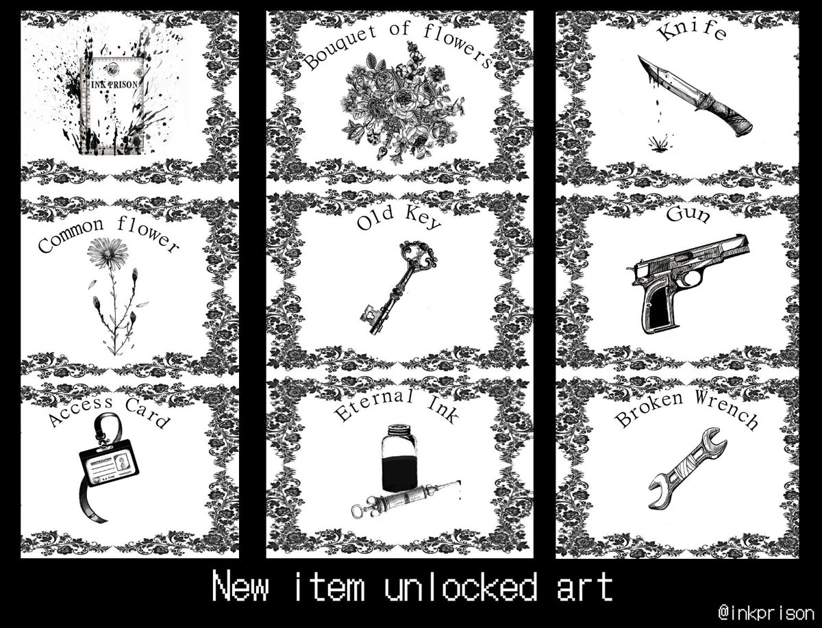 inkprison's tweet photo. Art for some of the items when you unlock them! We are back with updates! 😀
#indiegame #indiedev #freetoplay #inkprison #EternalInkProject https://t.co/ic1rdffb3z