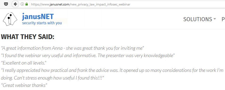 SalingerPrivacy's tweet photo. Lovely feedback from our #2017PAW webinar for @janusNET on #infosec &amp; new privacy laws – thx! More training options https://t.co/B13eIEHmN8 https://t.co/RLFhL6NiXz