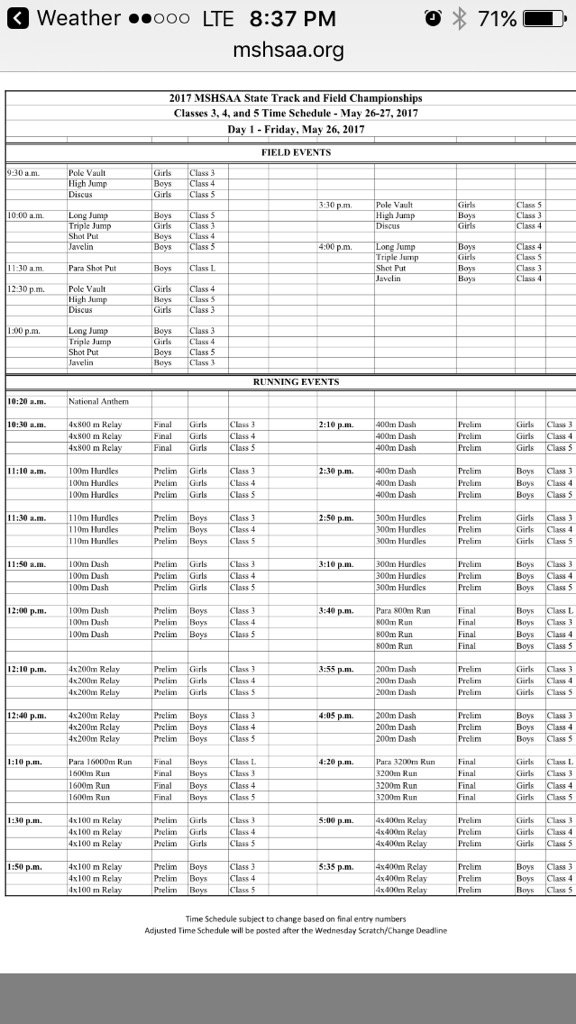AthleteTrainer1's tweet photo. Friday schedule for Class 3,4,5 MSHSAA State Championships #NeoshoSpeed, #NeoshoJumps, #NeoshoThrows @NEOSHO_AD https://t.co/XZ8OPqanFQ