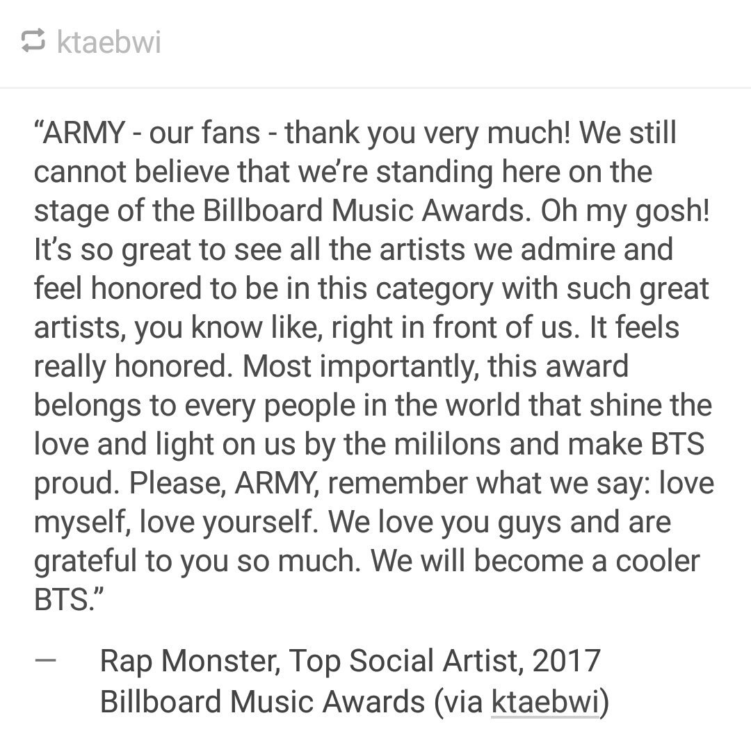 sceneryfortae's tweet photo. RM's speech after BTS winning Top Social Artists Award, this is so beautiful our leader is the best. I'll never regret stanning them #BBMAs https://t.co/NDqz0jiEvd