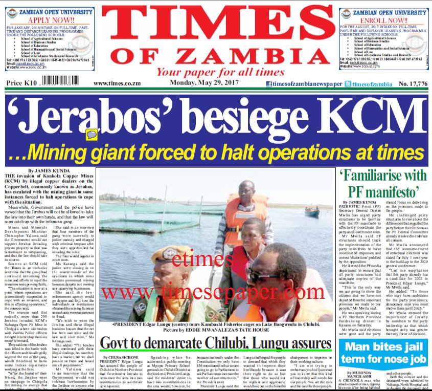 Zambia Today - Todays newspaper headlines.