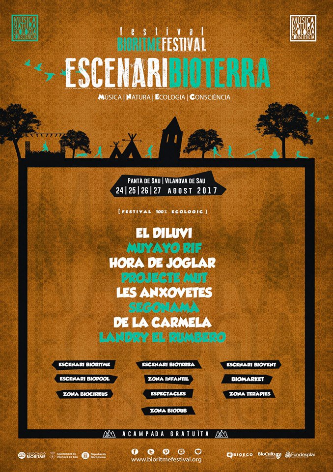 Escenari #BioTerra
<a href="/el_Diluvi/">el Diluvi</a> <a href="/MuyayoRif/">Muyayo Rif</a> @horadejoglar <a href="/ProjecteMut/">Projecte Mut</a> <a href="/lesanxovetes/">Les Anxovetes</a> <a href="/Segonamagrup/">Segonamà</a> <a href="/delacarme/">De la Carmela</a> <a href="/LandryelRumbero/">Landry el Rumbero</a>
#BioRitme2017!!!