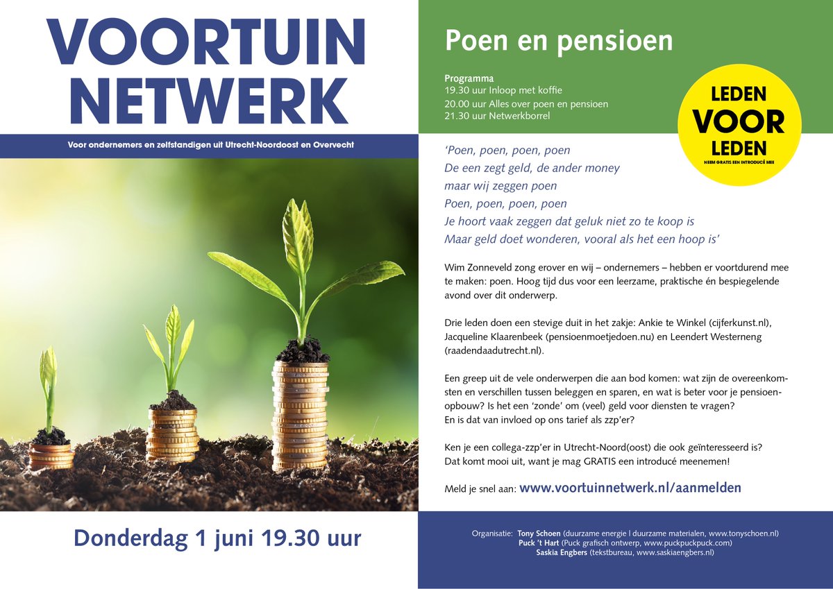 VoortuinN's tweet photo. Kom naar de leuke POEN en PENSIOEN avond en laat je verrassen door de presentaties van onze leden en de Spotify-music-list over POEN! https://t.co/1MaM3oWNw0