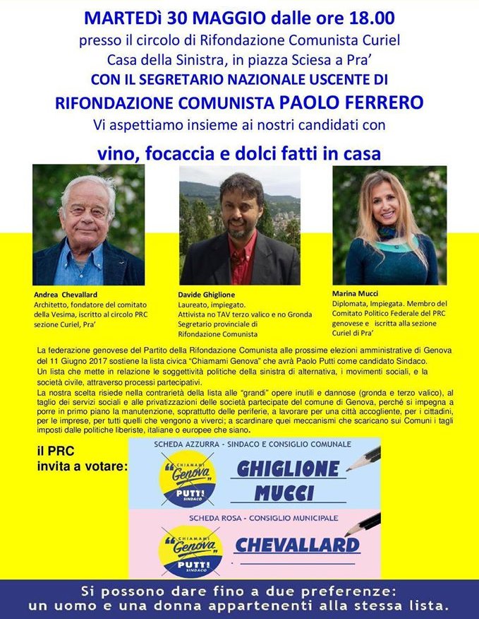 MarcoRavera1's tweet photo. domani alle 18 @ferrero_paolo vice Presidente della Sinistra Europea (@europeanleft) sarà a Pra per sostenere @Chiamami_Genova #puttisindaco https://t.co/ROO9qd1neN