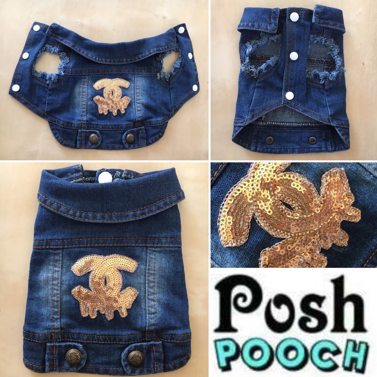 Adorable, gold, sequinned denim jacket for your designer doggy! #pet #quintonclothing #jacket #denim #dogs #denimjacket #pets #chanel