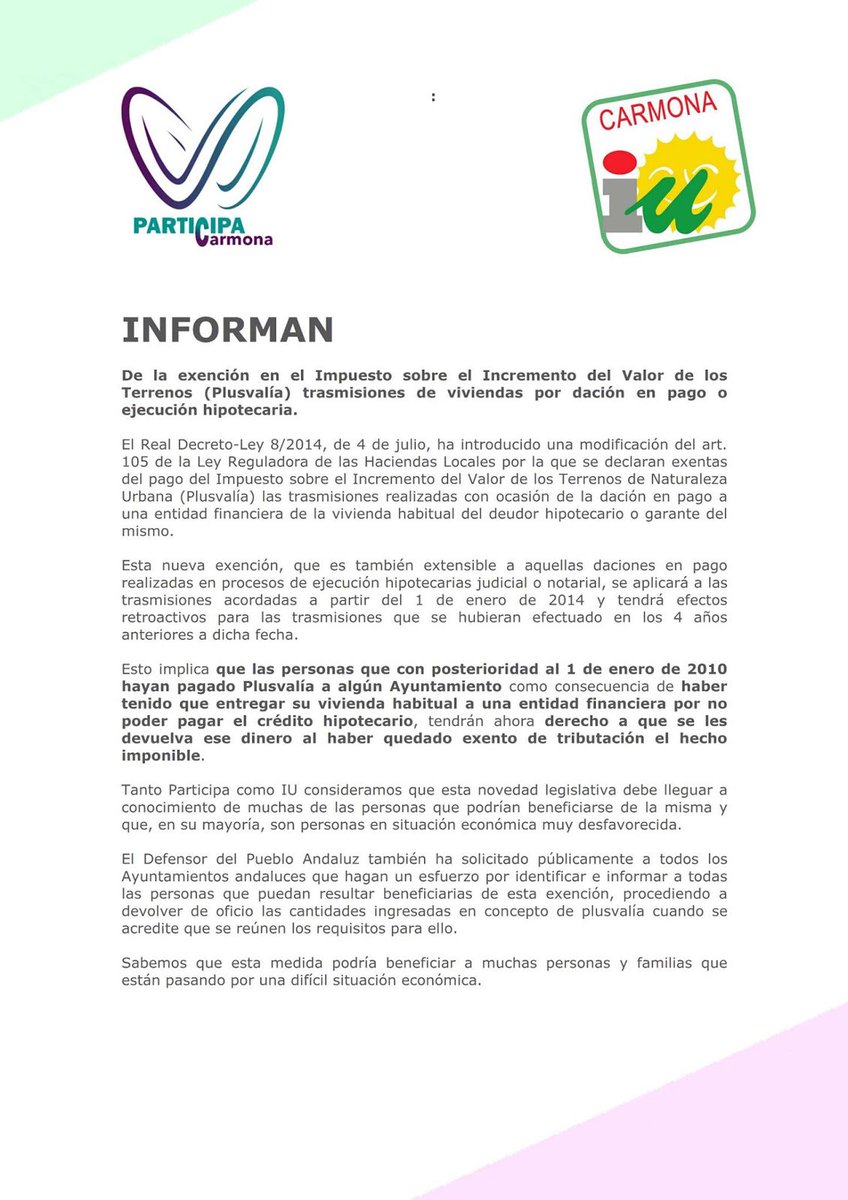 ParticipaCarmo's tweet photo. Otros grupos políticos se han dado cuenta ahora de lo injusto que es la plusvalía, nosotros llevamos desde 2015 reclamando su devolución. https://t.co/uVWAyVe2jx
