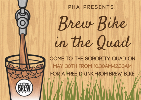 Bring your PHA sisters to the sorority quad tomorrow and get some free drinks from <a href="/brewbikecoffee/">Brewbike</a> !!