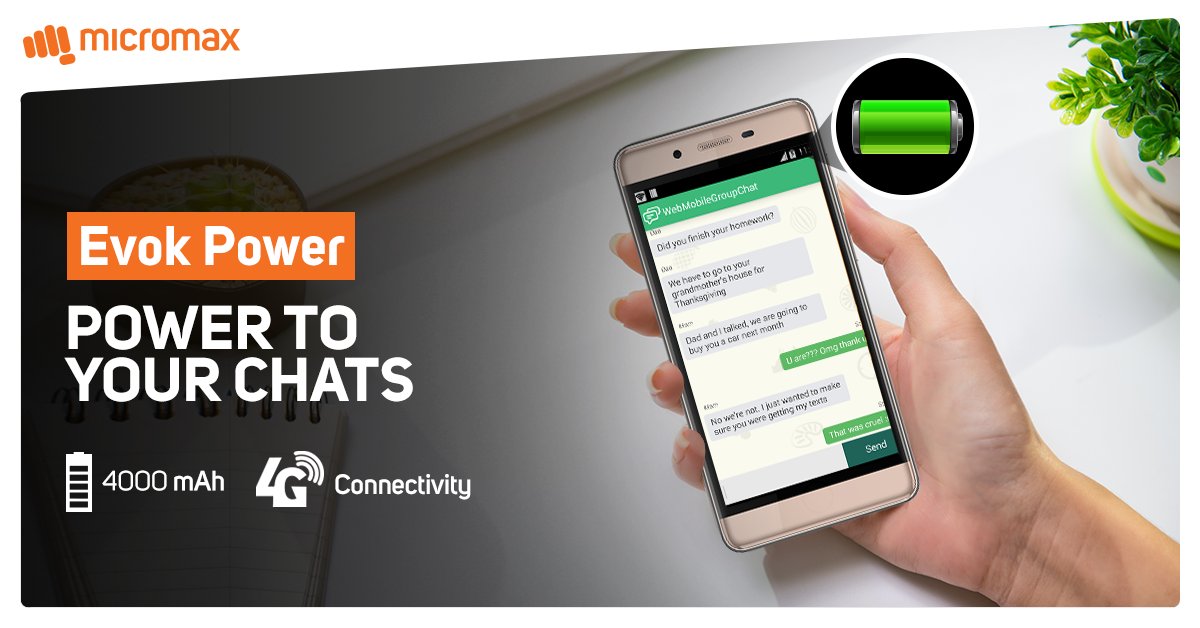 Micromax__India's tweet photo. Chat all day. #EvokPower. https://t.co/ct2VzoJESg https://t.co/9EOzNV778w
