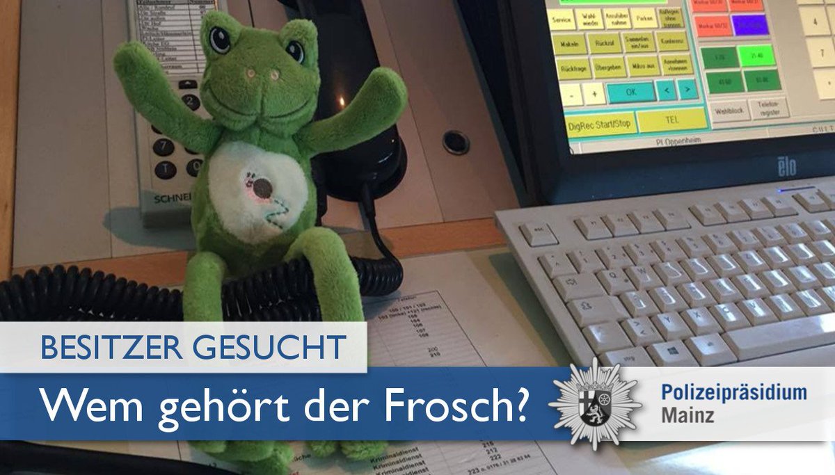 Fundsache: #Polizei #Oppenheim, An der  Festwiese 13, auf der Wache sitzt ein 🐸Beschreibung: 28cm groß und sehr flauschig....*kk