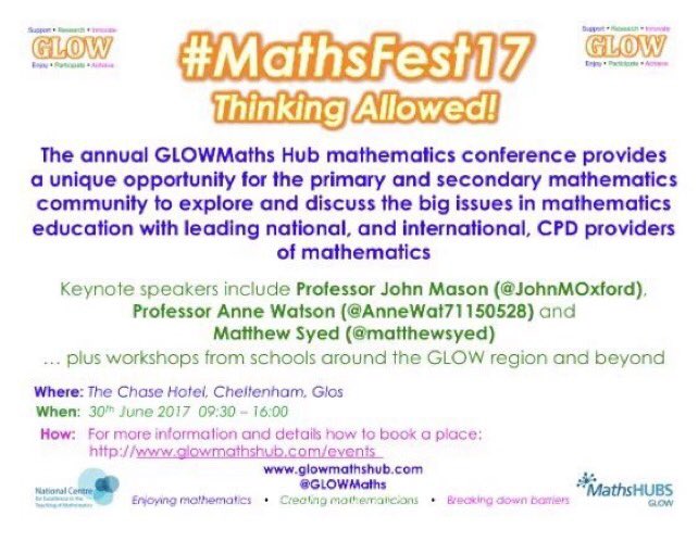 GLOWMaths's tweet photo. .@ukedchat @keran77 Thinking Allowed is theme of our #mathsfest17, 30 June, Cheltenham. #mathschat #mathscpdchat https://t.co/jG3VfT3H0J