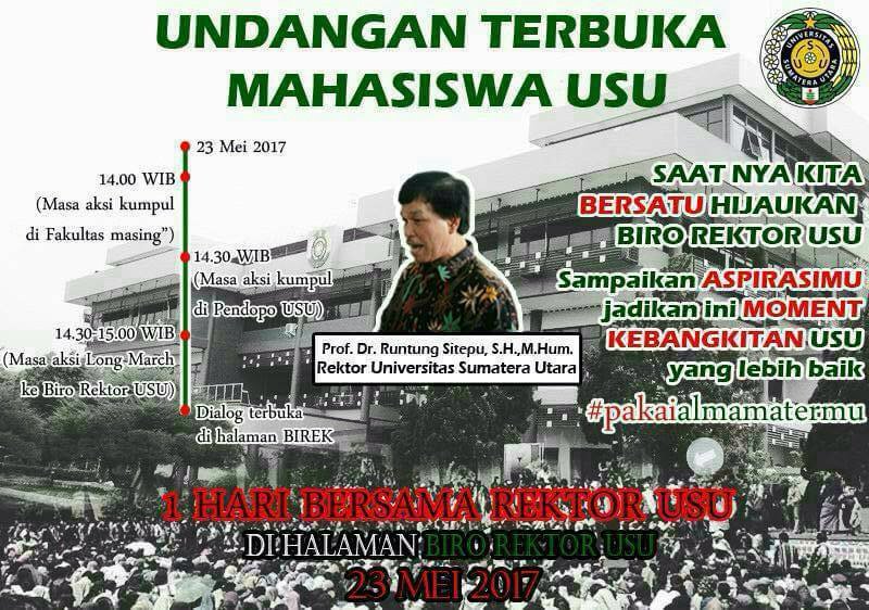 PEMAFKM_USU's tweet photo. HADIRLAH KAWAN! PAKAI ALMAMATERMU! KEMUKAKAN PENDAPATMU UNTUK KEBANGKITAN USU YANG LEBIH BAIK!
"1 HARI BERSAMA REKTOR" https://t.co/99D4BJssML