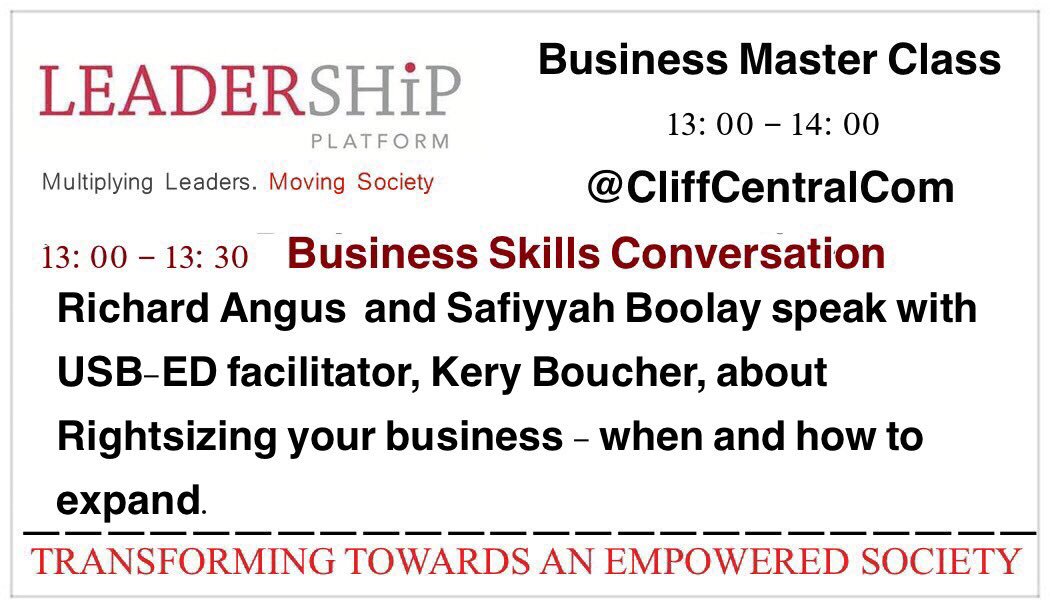 MeVisionAcademy's tweet photo. RIGHTSIZING YOUR BUSINESS
Today at 1pm @CliffCentralCom 

with @USB_ED facilitator-@keryboucher ; @tftsouthafrica @NewHabitsZA https://t.co/keA58wonxc