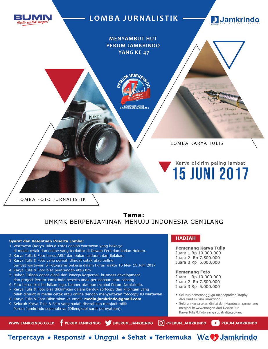 HarahapNeni's tweet photo. Dlm menyambut HUT @Perum_Jamkrindo ke-47, Perum Jamkrindo mengadakan lomba jurnalistik. Ikutan yuk
#perumjamkrindo #lombajurnalistik https://t.co/zKDKS5Hnza
