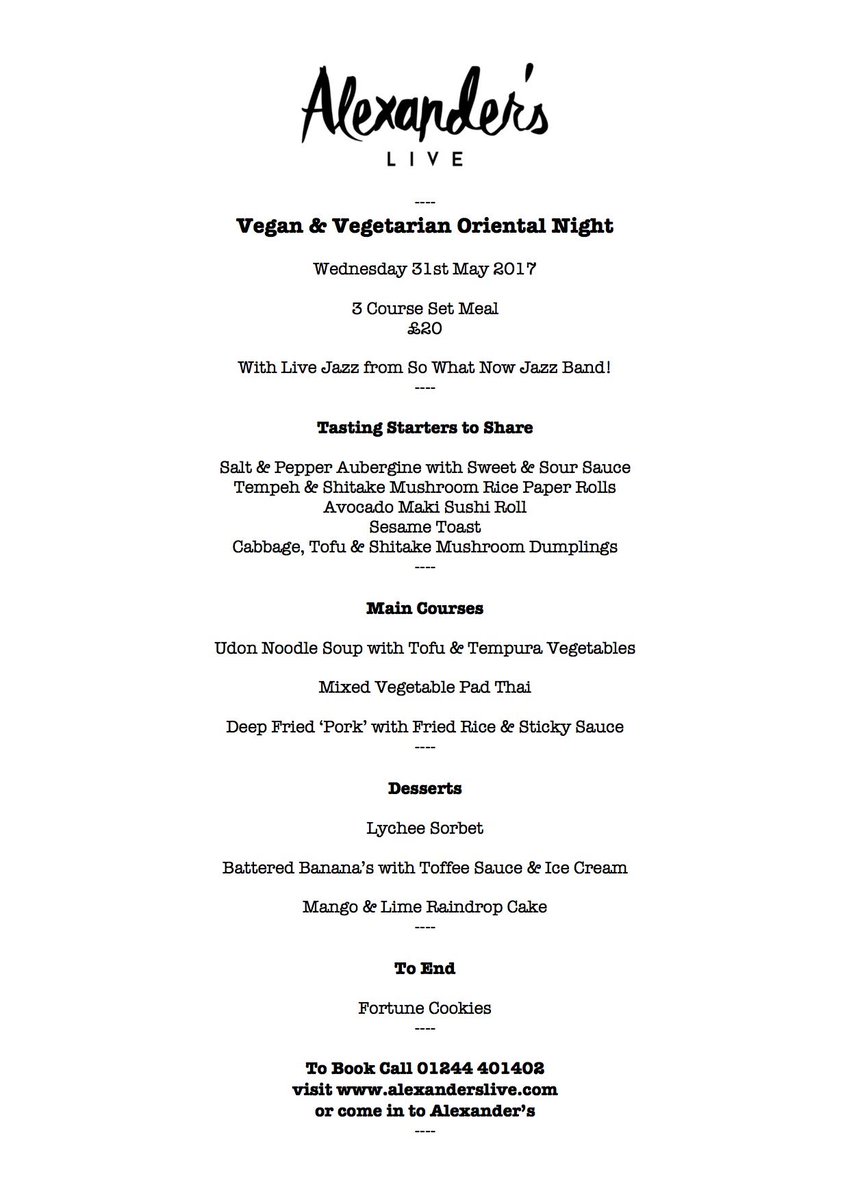 AlexandersLive's tweet photo. Enjoy Oriental Vegan and Vegetarian food on 31st May, as well as Live Jazz! :) https://t.co/nnnVm1r2mr https://t.co/EPDQBFC2w1