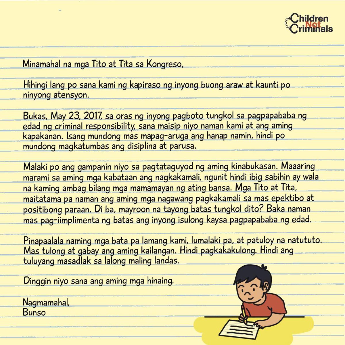 Bunso_PH's tweet photo. Tulungan nating makarating ang liham ni bunso sa kongreso! I-tag sila't magretweet.

#ChildrenNotCriminals

@TMPRMNTLBRAT @kikopangilinan https://t.co/xoHtDU7aeA