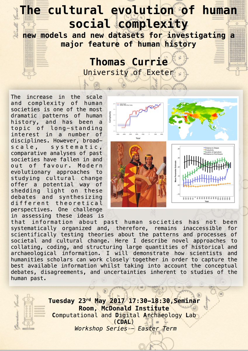 Tomorrow's Comp. and Digital. Arch Lab talk @UCamArchaeology @CamBioanth is on the #culturalevolution of human #socialcomplexity