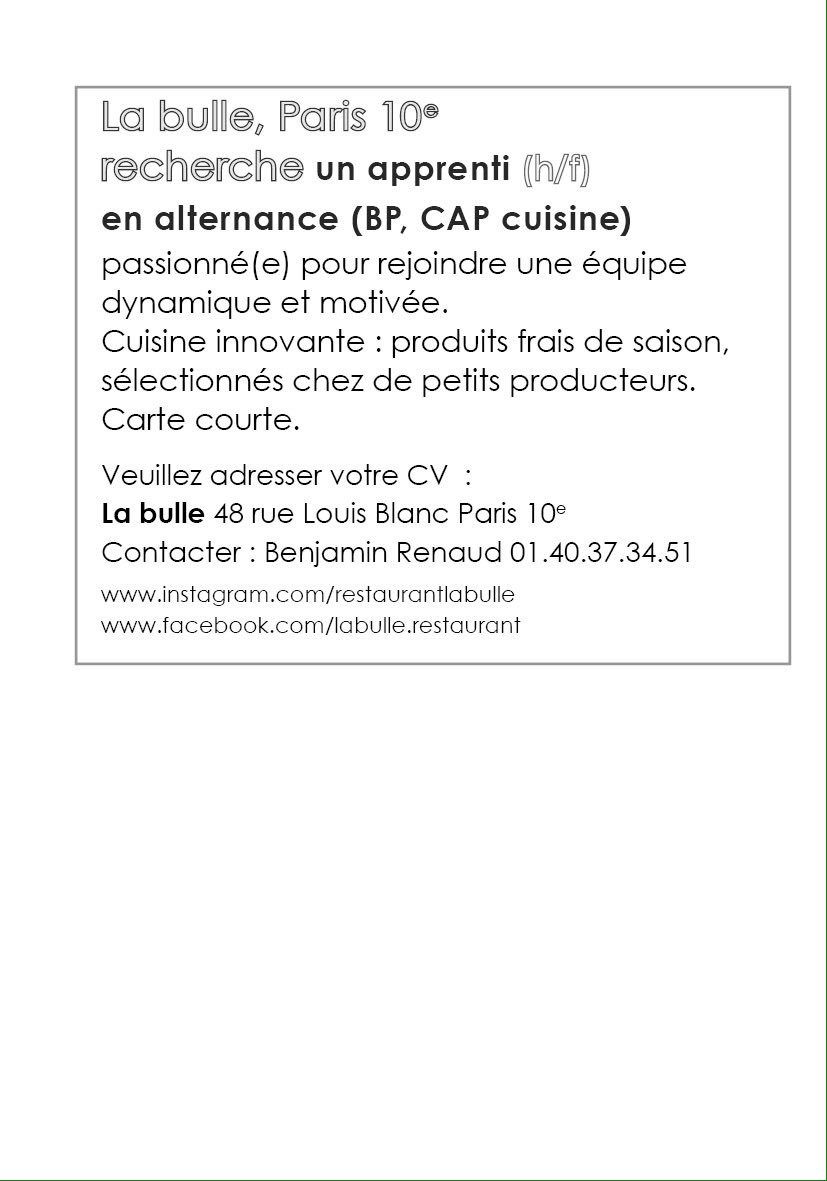 restolabulle's tweet photo. Recherche #apprenti #alternance #cuisine #BP #CAP #job #recrutement #paris #formation #néobistrot https://t.co/Zg6NgSoUV8