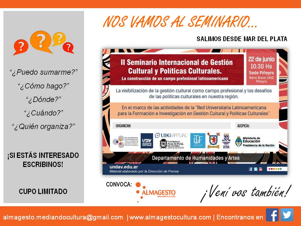 Saldremos desde #MardelPlata al Seminario Internacional de #GestiónCultural en <a href="/UNDAVOFICIAL/">Univ Nac Avellaneda</a> <a href="/GabyCostaguta/">gabyse</a> <a href="/flor/">f l o r</a> y más #gestoresculturales