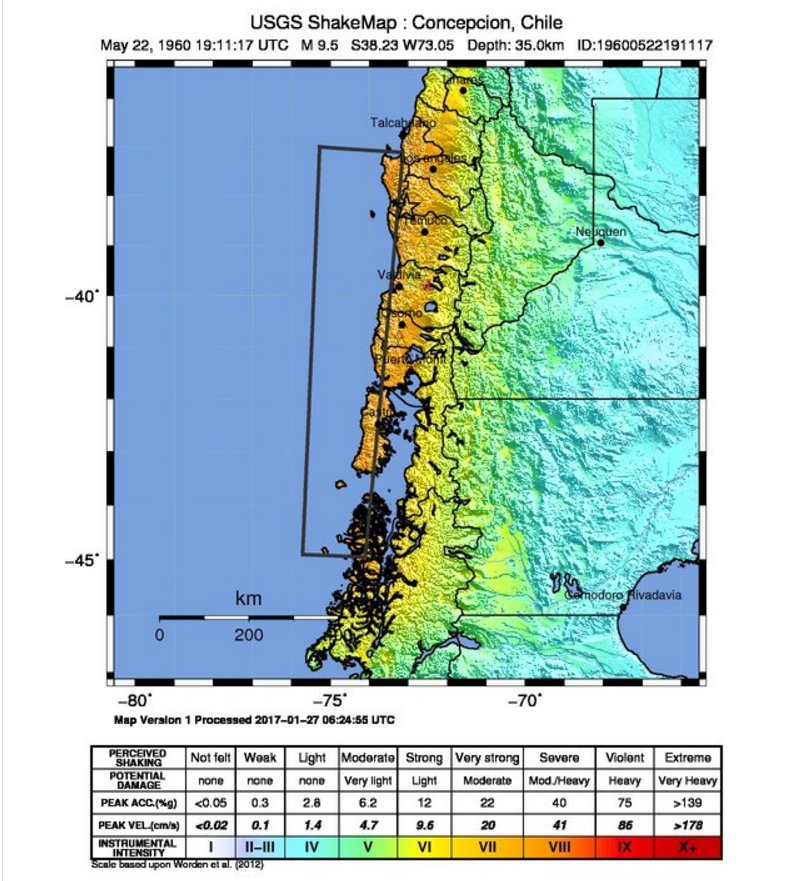 USGS's tweet image. #OnThisDay 1960 M9.5 Chile tops the list of largest EQs recorded in the world. See list of 20 largest EQs at on.doi.gov/2qOgwGv