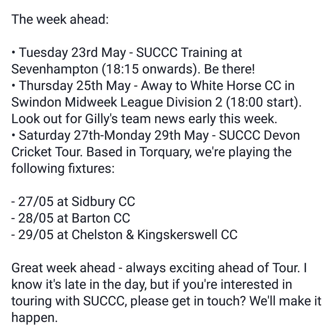UtdChurchesCC's tweet photo. Exciting week ahead for #SUCCC - training, Midweek League & Tour:
See you soon @SidburyCC , @bartoncricket and @ChelstonCC ! #DevonTour https://t.co/iWMtUoAhUf