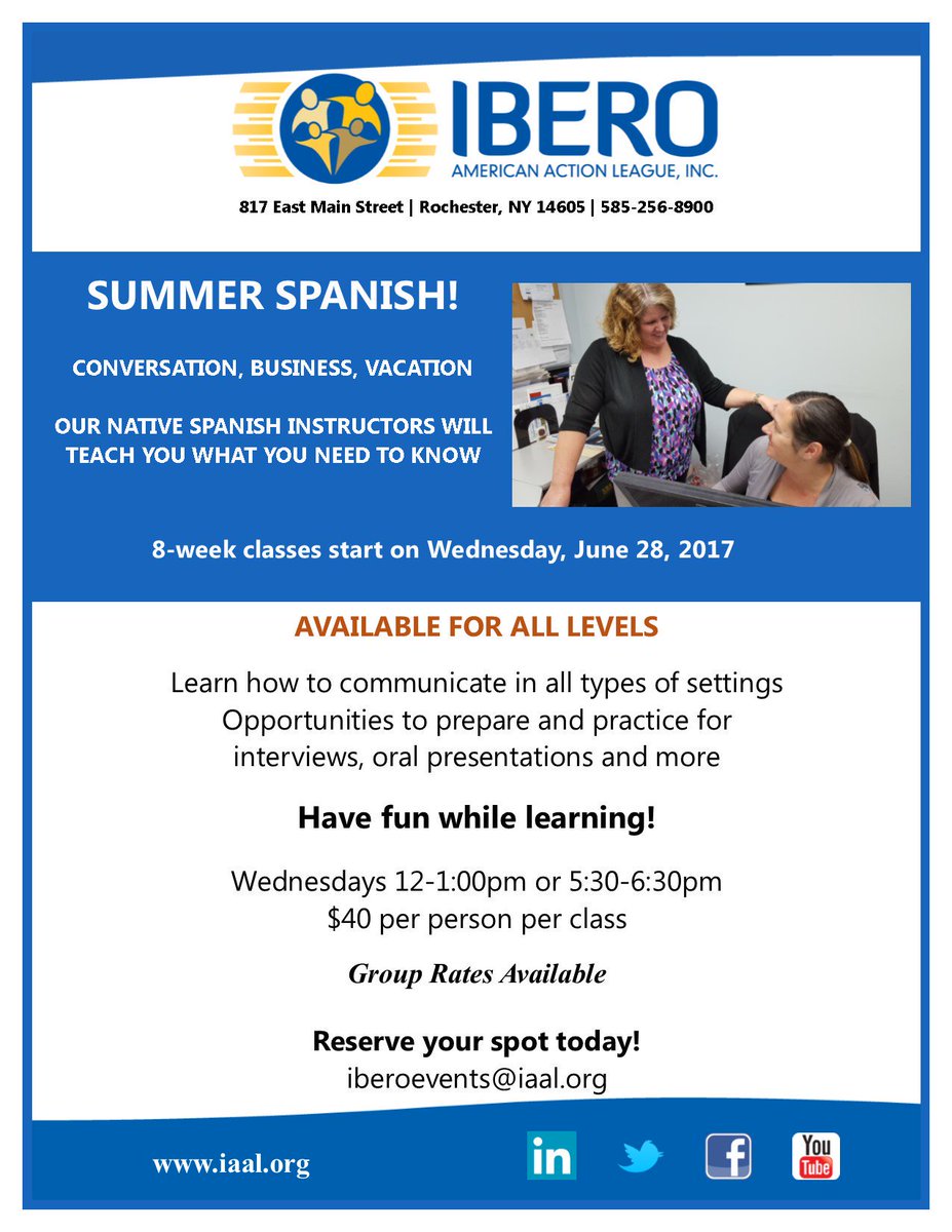 IberoRoc's tweet image. Looking for a way to spice up your summer? Check out our Summer Spanish Classes! #learningnewlanguages #rochester #gainingskills #iaal
