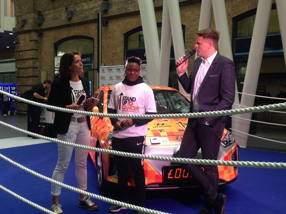 InfluenceComms's tweet photo. .@mrjakehumphrey and @NicolaAdamsOBE take to the ring here at King's Cross to support @Hyundai_UK's #DriveTheRebellion campaign for @SU2C https://t.co/8sl88iyuNd