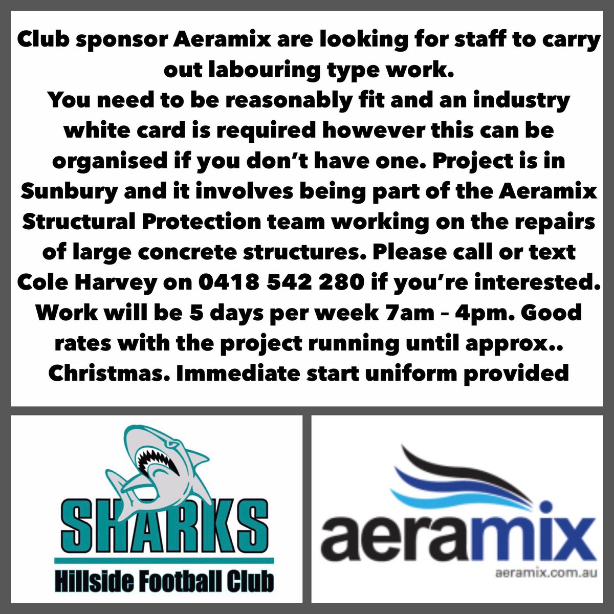 Club sponsors Aeramix are recruiting.  Please call or text Cole Harvey on 0418 542 280 if you’re interested.