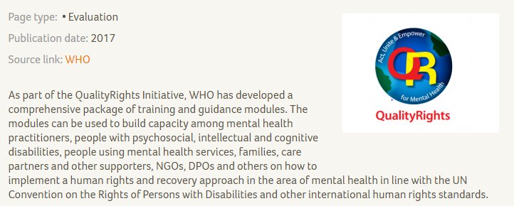NEW RESOURCE: <a href="/WHO/">World Health Organization (WHO)</a> #QualityRights Initiative aiming to end #humanrights violations against people with #mentalhealth bit.ly/2qFGn39