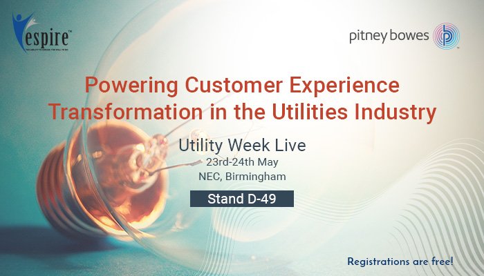 EspireInfolabs's tweet photo. 1 day to @UtilityWeekLive! Stop by booth D-49 to know how @PitneyBowes &amp; Espire are powering #CX in #Utility :https://t.co/yiiamoTTAa #UWL17 https://t.co/Nlwa4fEtpf