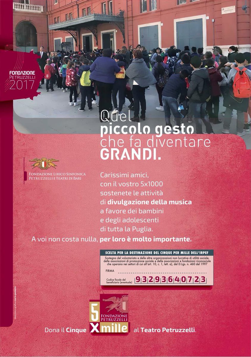 Dona il tuo 5x1000 al #TeatroPetruzzelli, un piccolo gesto per portare la grande musica nel cuore di tutti