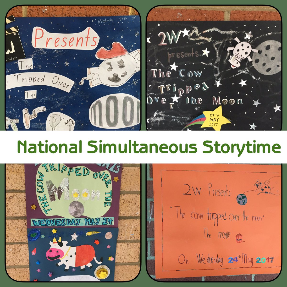 2WEPPS's tweet photo. My student have been busy making posters for The Cow tripped over the moon video our class has made for #NationalSimultaneous Storytime. https://t.co/YcoR0qEDEZ