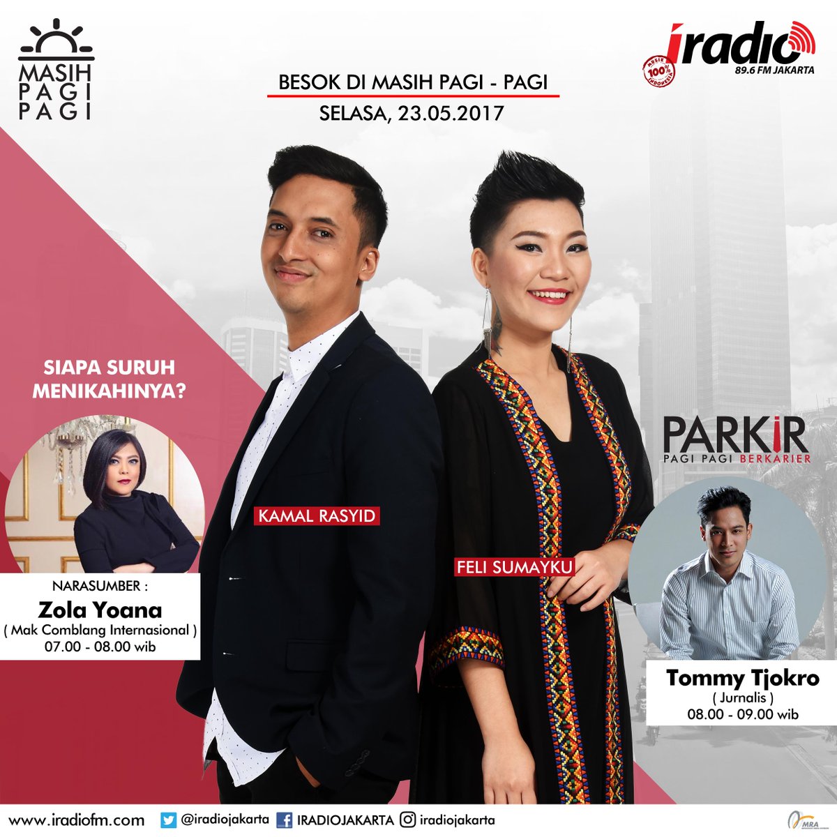 IListeners di #MasihPagiPagi <a href="/kamalrasyid/">Kamal Rasyid</a> &amp; <a href="/NonaFeli/">Feli Sumayku</a> bakalan kedatangan <a href="/zolayoana/">Zola Yoana</a> &amp; #Parkir bareng <a href="/Tomtjok/">Tommy Tjokro</a>, jangan kelewatan ya besok!