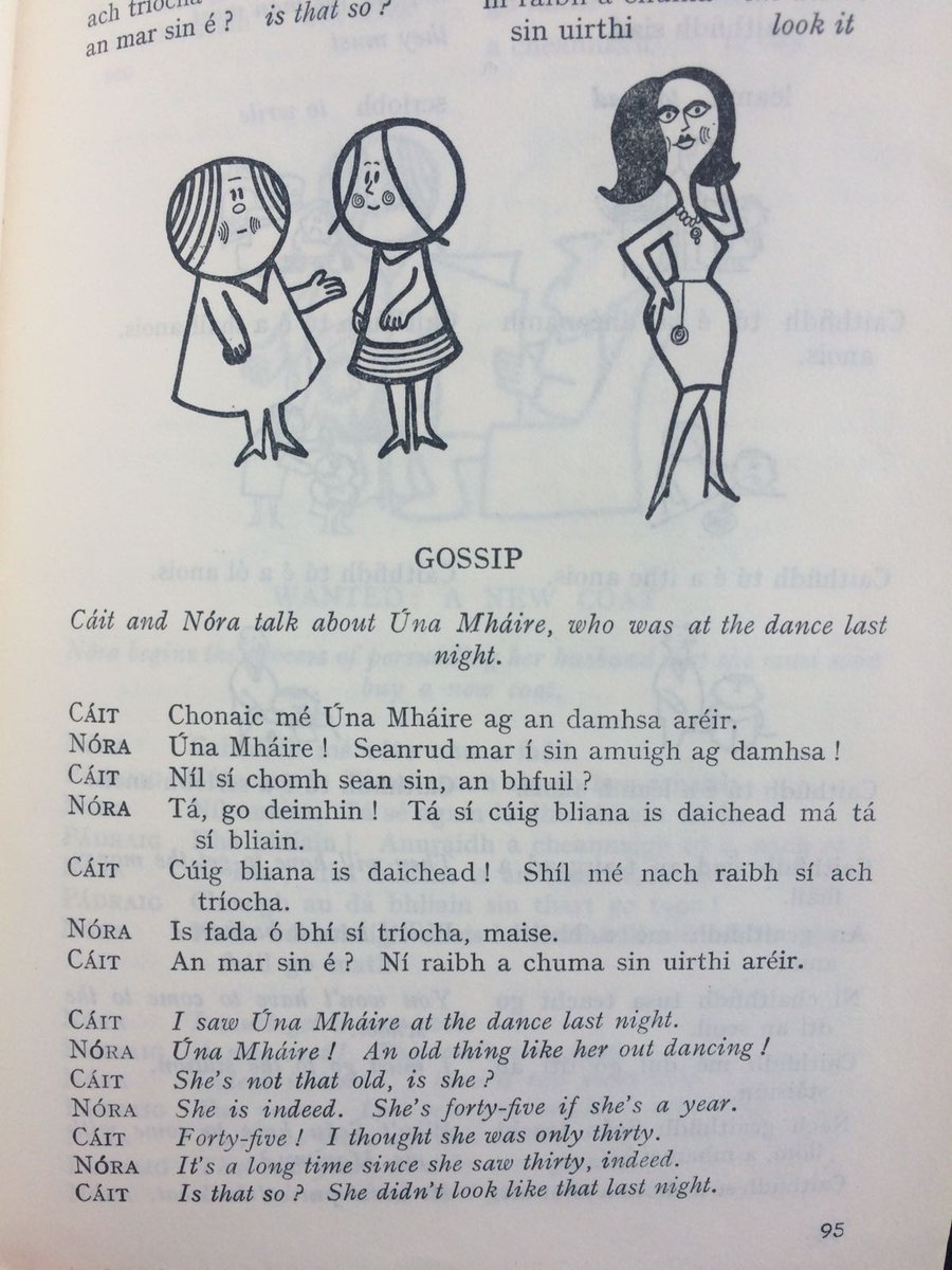 ModLangs_QUB's tweet photo. Via @rickiorawe from a 'vintage' #gaeilge textbook. If you've got it flaunt it Una Mhaire we say. #gossip https://t.co/lWesDSmV6Q