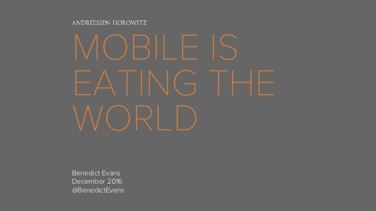 Impact of #mobile technologies in ecommerce &amp; automotive.
Mobile is eating the world, Update 2016

bit.ly/2ruHJOc by <a href="/BenedictEvans/">Benedict Evans</a>