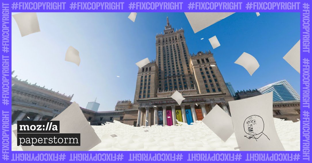 mozilla's tweet photo. Click for Europe. Click for copyright. Join the #paperstorm and demand copyright reform in the EU. https://t.co/tntBwSaxe4 https://t.co/Zi1r0DHzE0