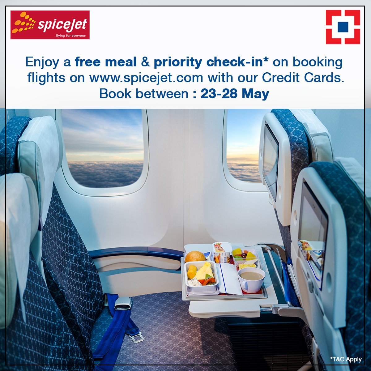 HDFC_Bank's tweet photo. Get treated like a VIP! Use our Credit Cards to book flights @flyspicejet for a free meal &amp; priority check-in*. https://t.co/sLmIHfAo45 https://t.co/6T6aq0mUGE