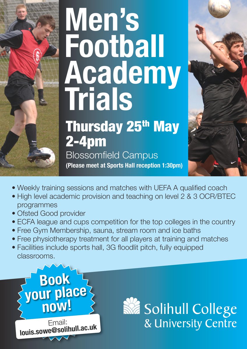 SolihullCollege's tweet photo. THURSDAY: Men's Football Academy trials! If you'd like to be a part of the academy email Louis.Sowe@solihull.ac.uk to book your place! https://t.co/F3gq8a2bF8