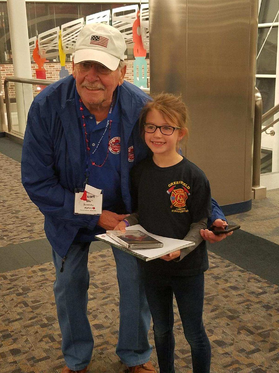 ReeseCohn's tweet photo. Reese (and Charlee) welcomed home, thanked Veterans returning home from Honor Flight. Great meeting these heroes &amp; recognizing their service https://t.co/QhdEk8REU6