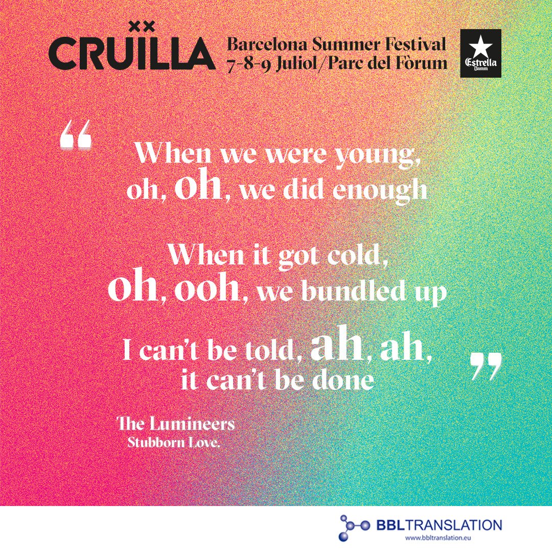 cruillabcn's tweet photo. Tradueix la lletra de @thelumineers als nostres perfils d'Instagram i Facebook i guanya un abonament pel #Cruilla2017!  @BBLTRANSLATION https://t.co/hMXDn1hJQe
