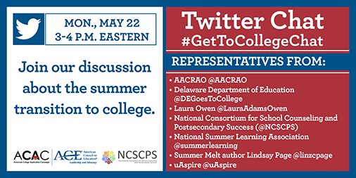 American_CAC's tweet photo. Starting in 15 minutes! #GetToCollegeChat w/@ncscps @summerlearning @uAspire @linzcpage @AACRAO @DEGoesToCollege @LauraAdamsOwen https://t.co/wYmyhu7iVv