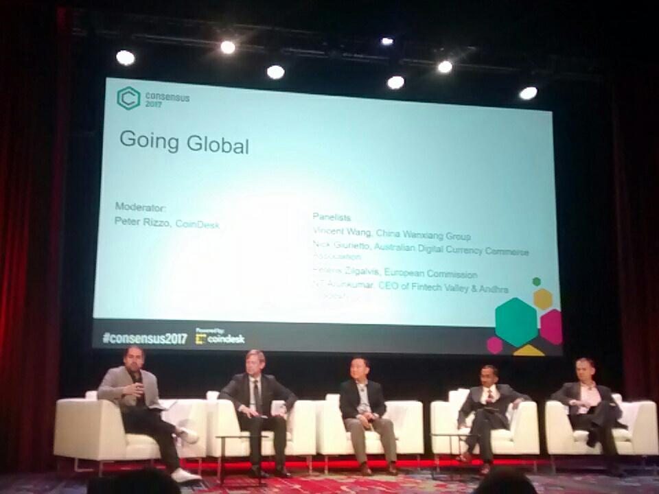 superbeto's tweet photo. #consensus2017 Going Global panel moderated by @pete_rizzo_ w/ EU @PZilgalvis Wanxiang #VincentWang @theadcca #NickGiuretto & #NTArunkumar https://t.co/6N6H1yX74x