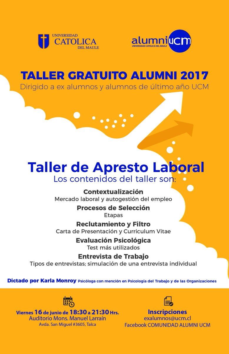 alumniucm's tweet photo. Taller de Apresto Laboral dirigido a Comunidad Alumni y alumnos de último año UCM, gratuito.

Link de inscripción: https://t.co/LdHm70z6GR https://t.co/WUaXVWqkrs