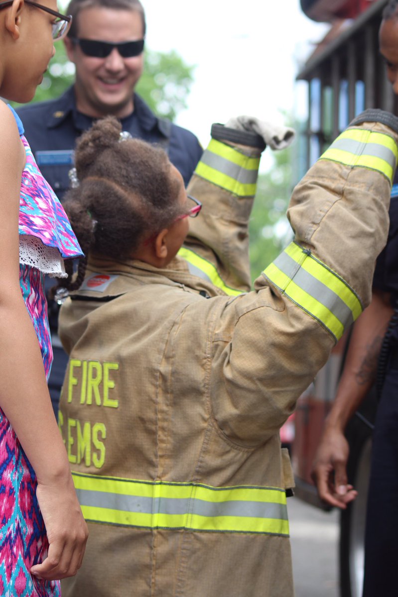 NCFC_DC's tweet photo. Shoutout to the @dcfireems for coming out and allowing our students climb aboard firetrucks and suit up in firefighters uniform! https://t.co/5a2586Bb7R