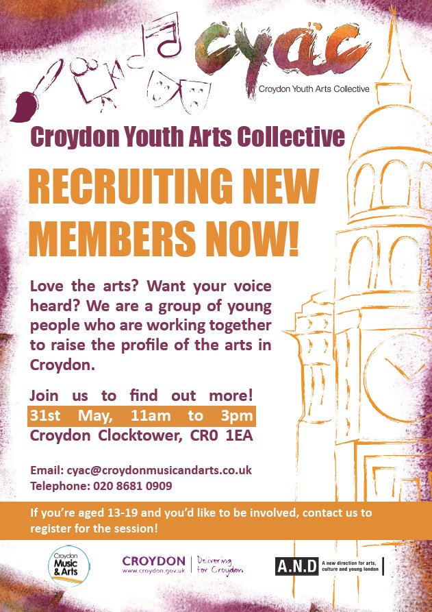 CYACyouth's tweet photo. We're recruiting new members! Don't miss the chance to join our Collective and get your creative voice heard! 31st May, 11-3pm @ Clocktower https://t.co/vFmVfSJ7jT